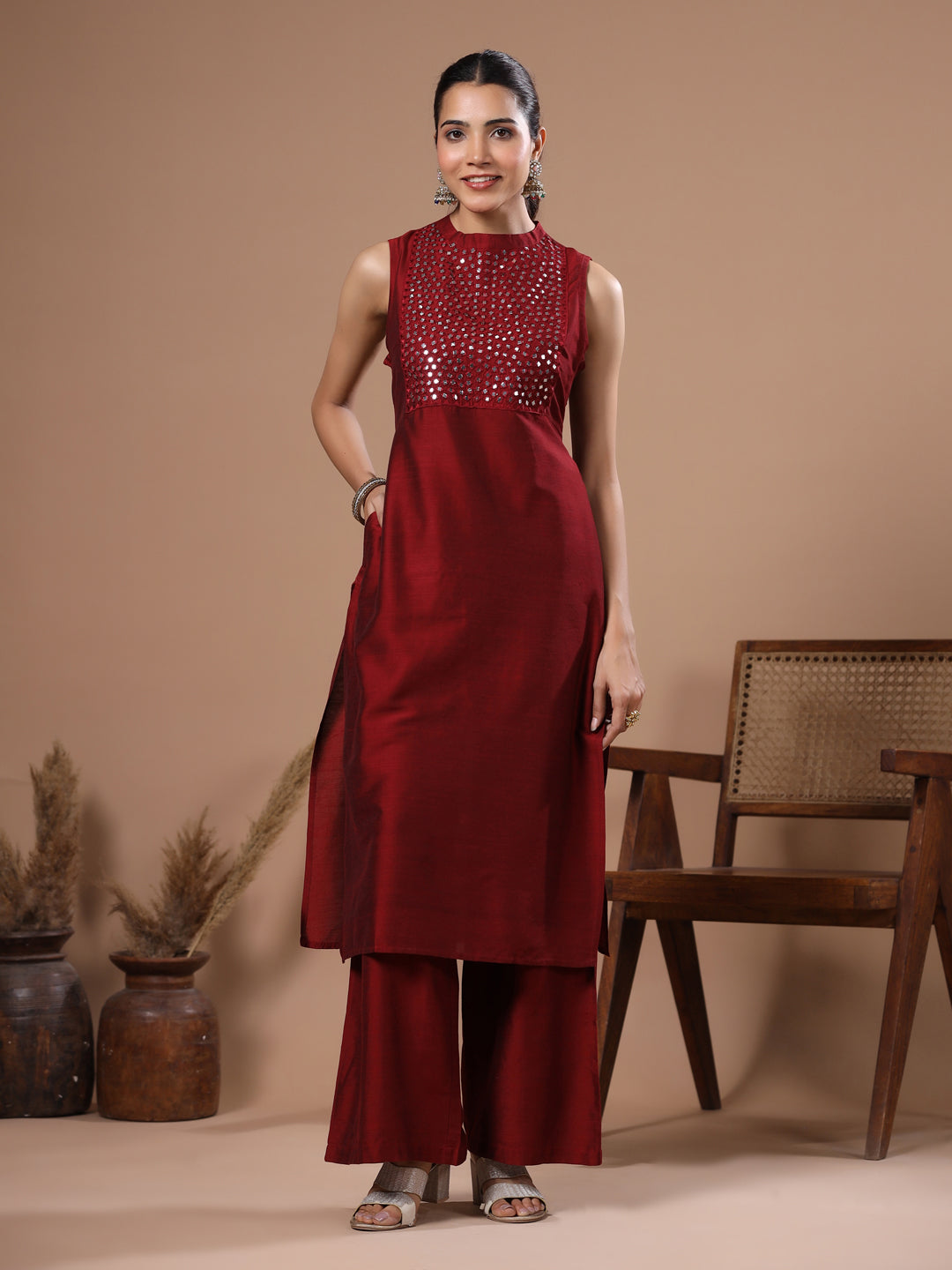 Solid Foil Mirror Embroidered Straight Fit Co-ord Set - Maroon
