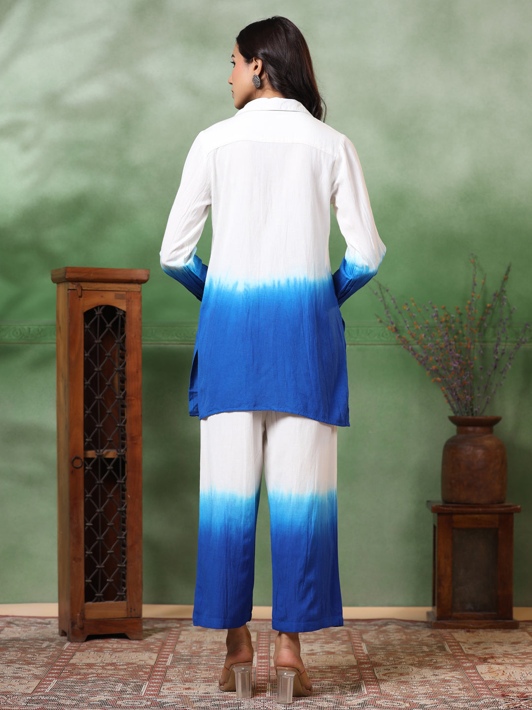 Ombre Dyed & Embroidered Straight Fit Co-ord Set with a Neckpiece - Blue