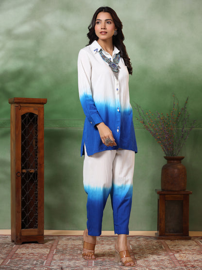 Ombre Dyed & Embroidered Straight Fit Co-ord Set with a Neckpiece - Blue