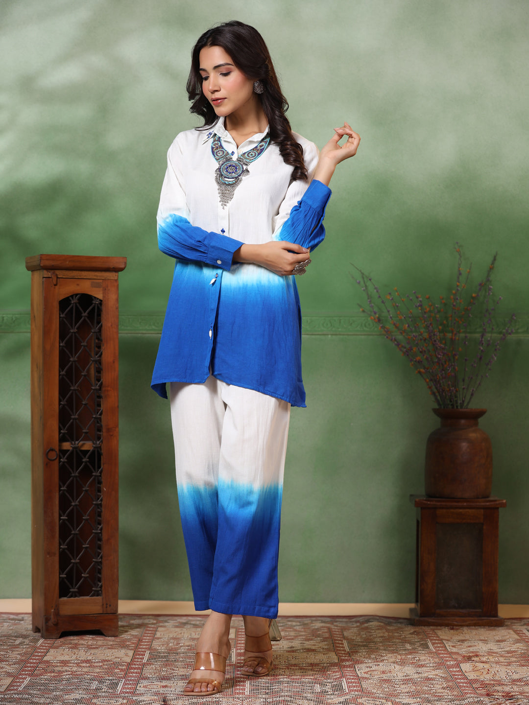 Ombre Dyed & Embroidered Straight Fit Co-ord Set with a Neckpiece - Blue