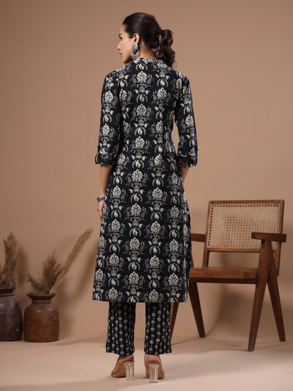 Floral Printed Resham & Tikki Embellished Kurta with Pants - Black