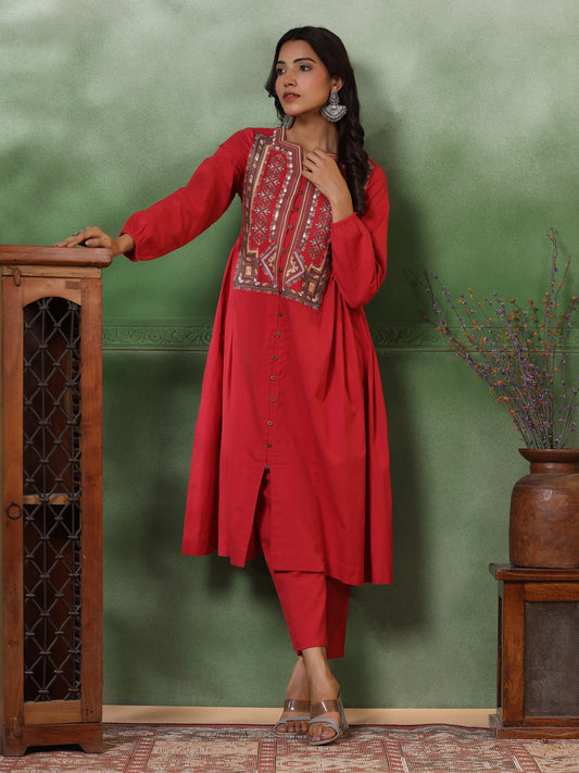 Ethnic Tribal Embroidered A-Line Pleated Co-ord Set - Red