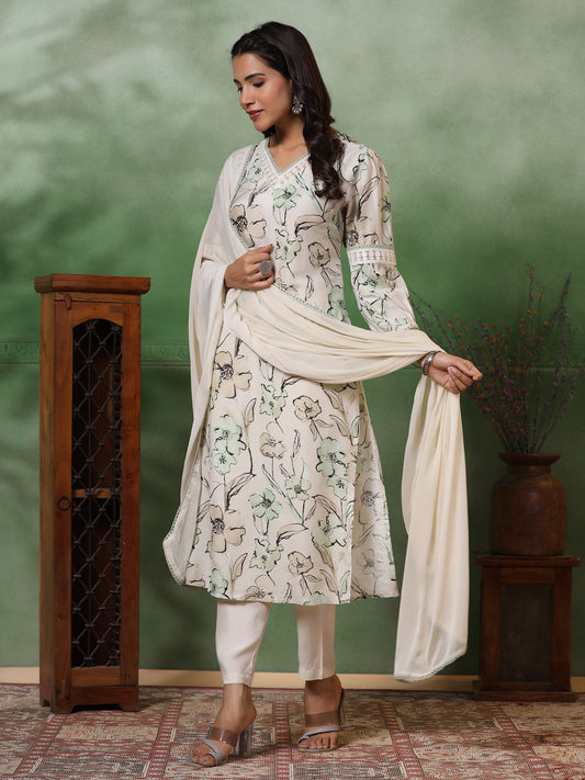 Floral Printed Resham Embroidered Lace Work Kurta with Pants & Dupatta - Off White