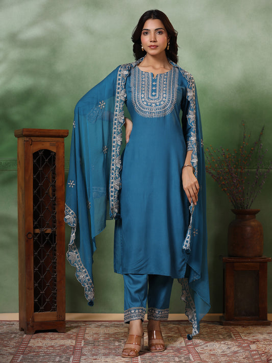 Solid Ethnic Embroidered Straight Kurta with Pant & Dupatta - Turquoise Blue