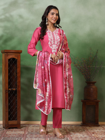 Solid Resham & Cutdana Embroidered Kurta with Pants & Floral Dupatta - Pink