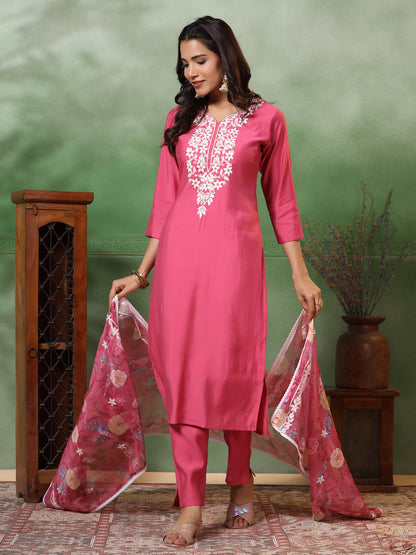 Solid Resham & Cutdana Embroidered Kurta with Pants & Floral Dupatta - Pink