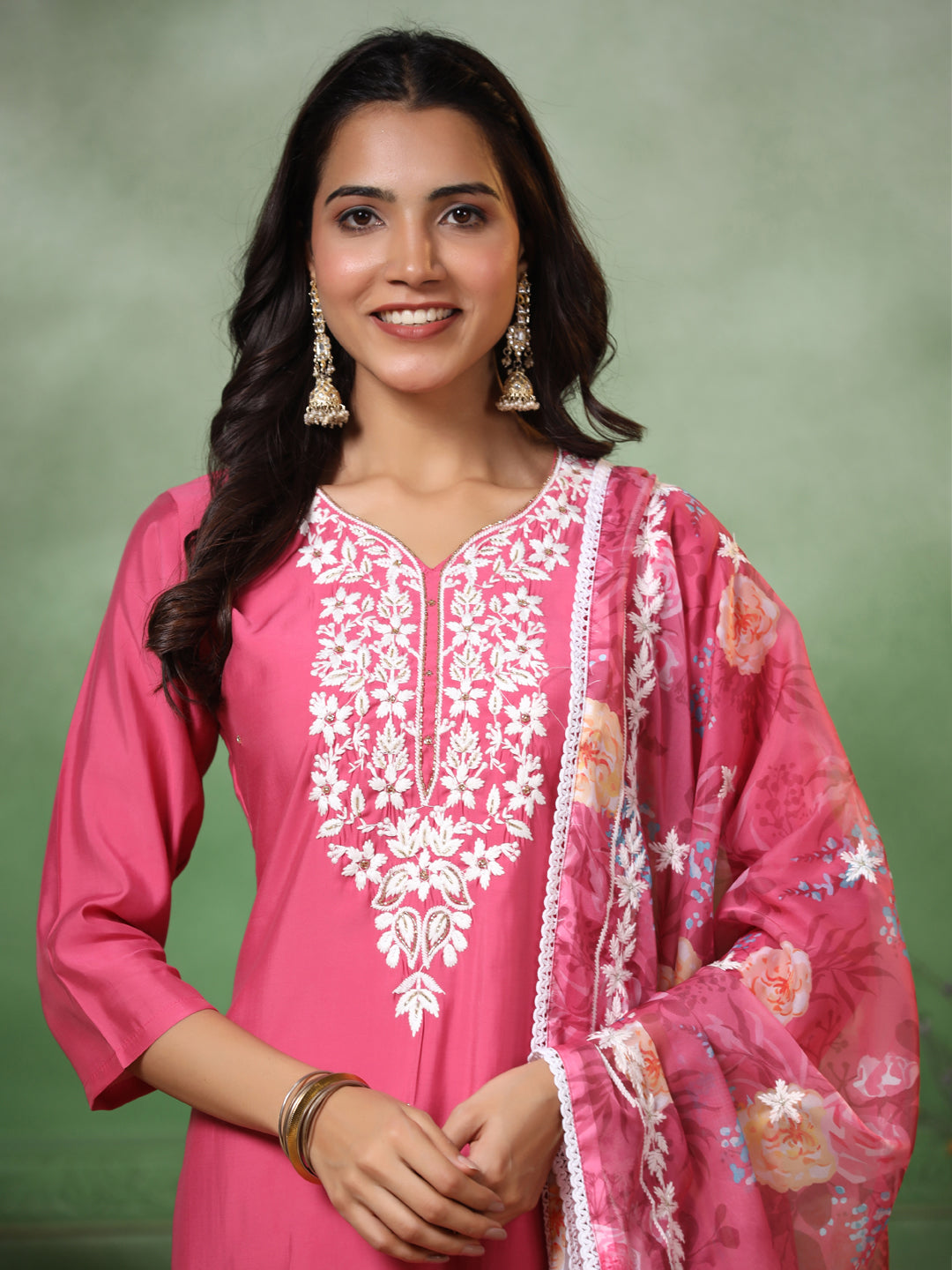 Solid Resham & Cutdana Embroidered Kurta with Pants & Floral Dupatta - Pink