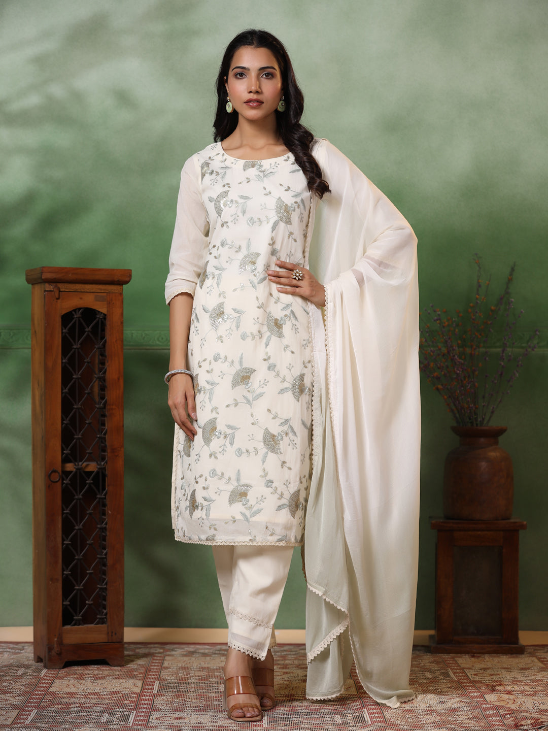 Floral Zari Embroidered Straight Kurta with Pant & Ombre Dupatta - Off White