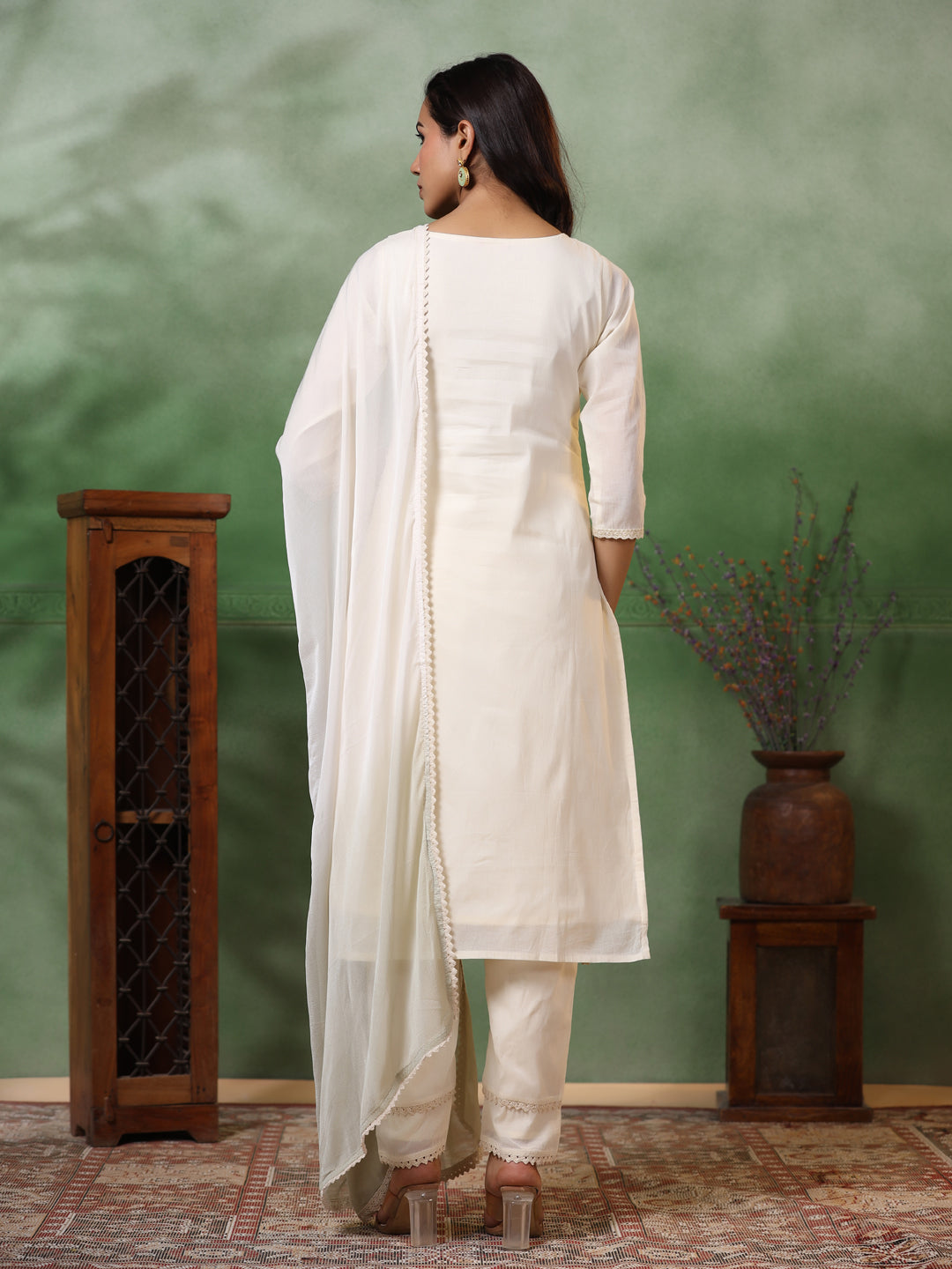 Floral Zari Embroidered Straight Kurta with Pant & Ombre Dupatta - Off White