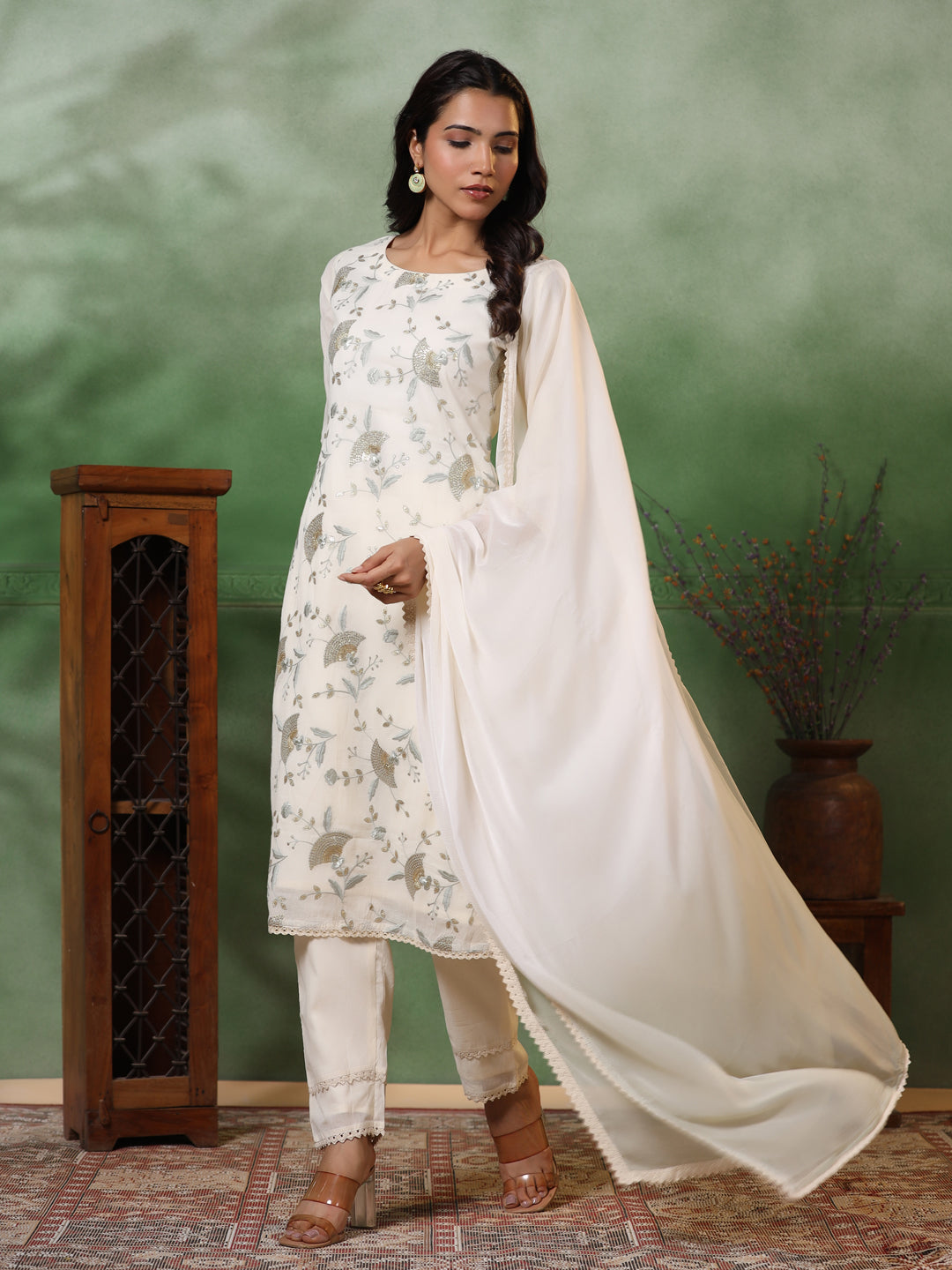 Floral Zari Embroidered Straight Kurta with Pant & Ombre Dupatta - Off White