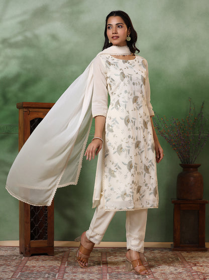 Floral Zari Embroidered Straight Kurta with Pant & Ombre Dupatta - Off White