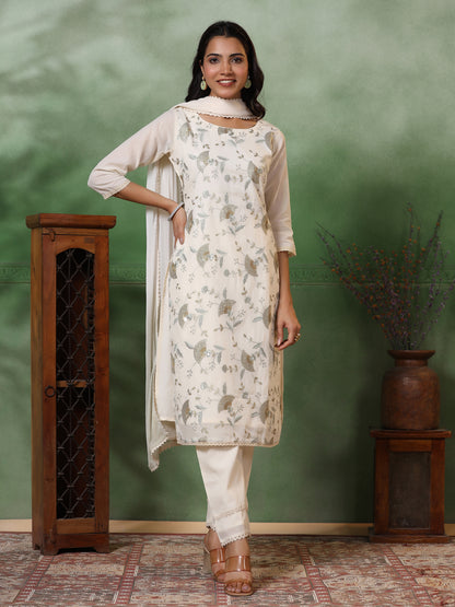 Floral Zari Embroidered Straight Kurta with Pant & Ombre Dupatta - Off White