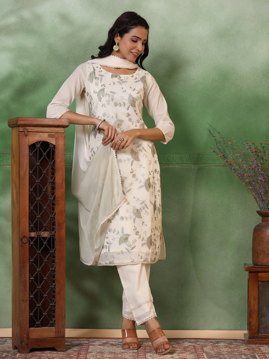 Floral Zari Embroidered Straight Kurta with Pant & Ombre Dupatta - Off White
