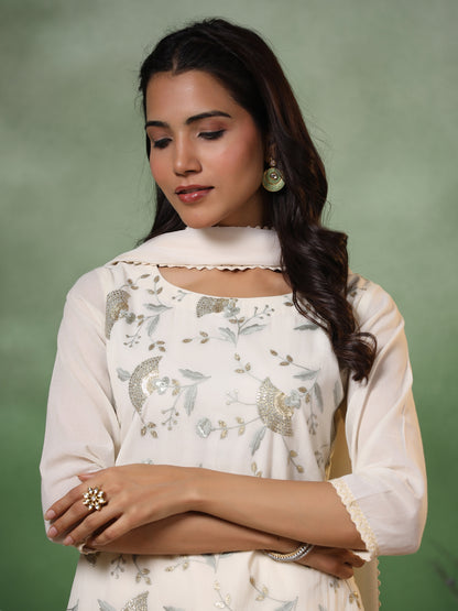 Floral Zari Embroidered Straight Kurta with Pant & Ombre Dupatta - Off White