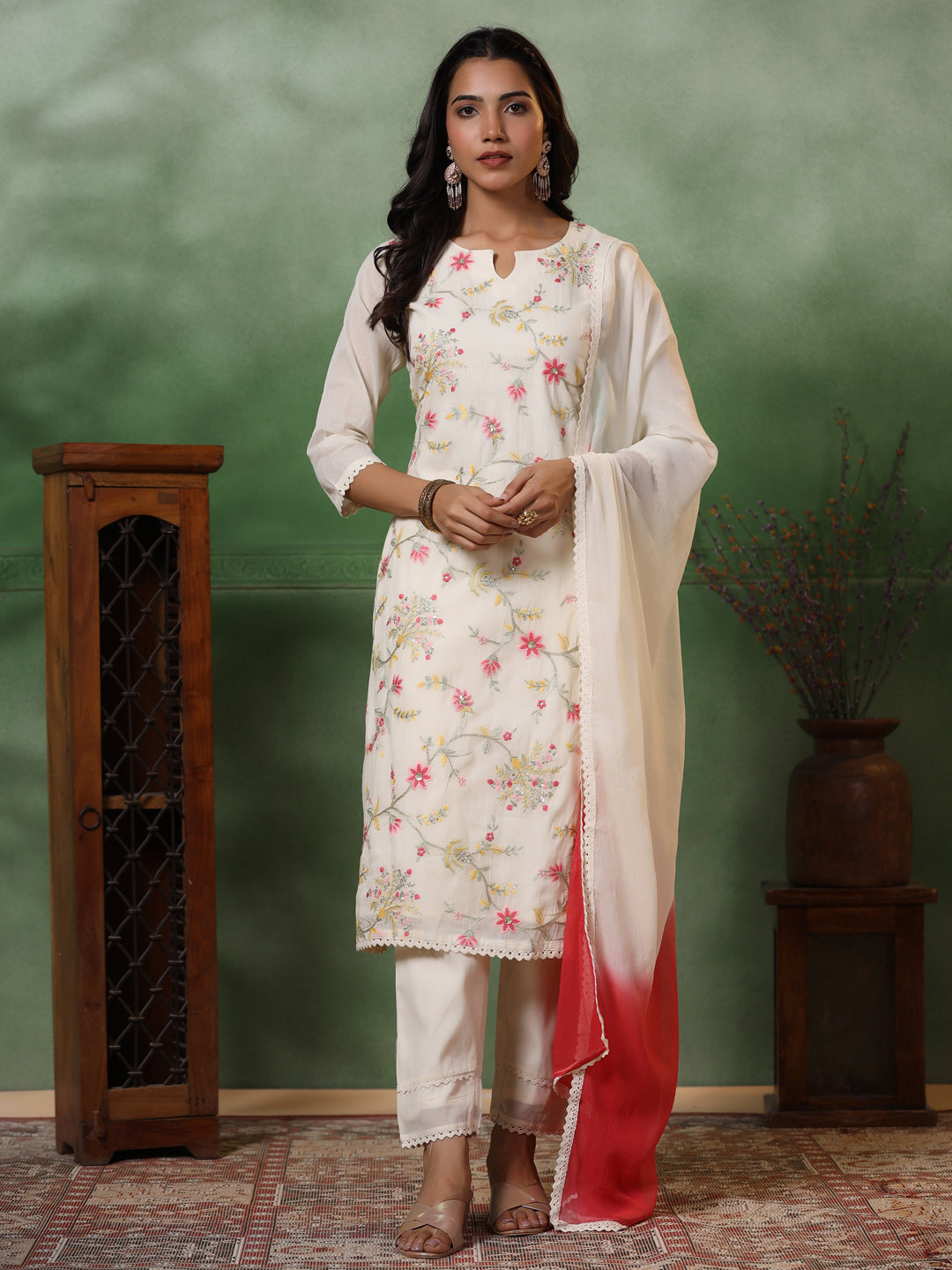 Floral Zari Embroidered Straight Kurta with Pant & Ombre Dupatta - Off White