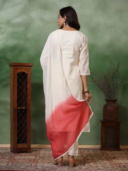 Floral Zari Embroidered Straight Kurta with Pant & Ombre Dupatta - Off White