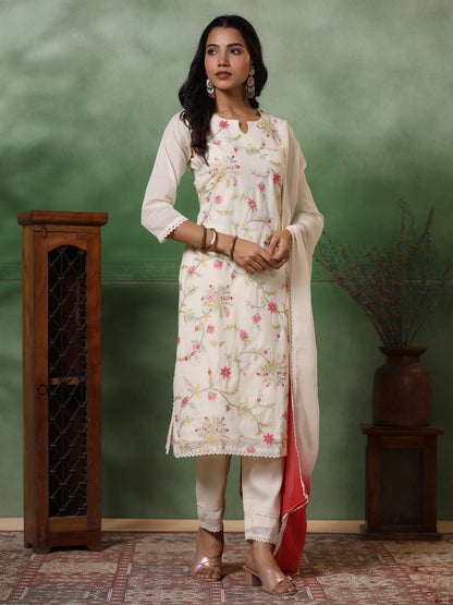 Floral Zari Embroidered Straight Kurta with Pant & Ombre Dupatta - Off White