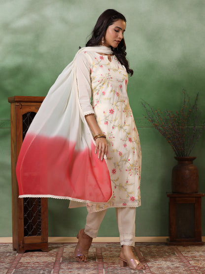 Floral Zari Embroidered Straight Kurta with Pant & Ombre Dupatta - Off White