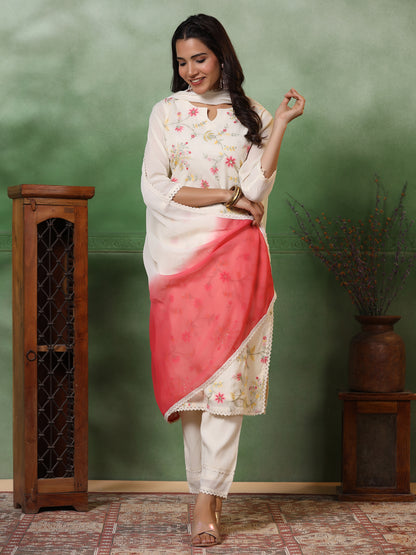 Floral Zari Embroidered Straight Kurta with Pant & Ombre Dupatta - Off White