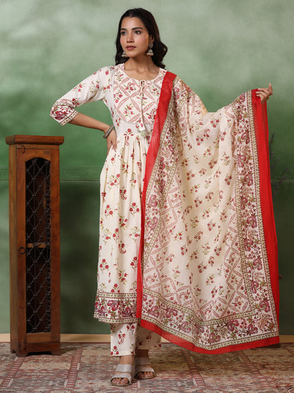 Floral Printed Sequins Embellished Pleated kurta with Pants & Dupatta - Off White