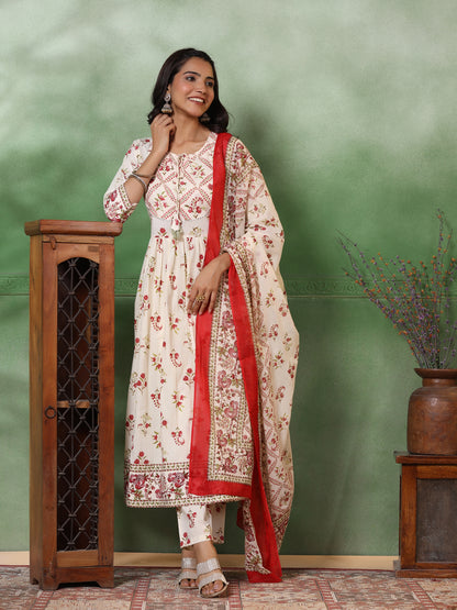 Floral Printed Sequins Embellished Pleated kurta with Pants & Dupatta - Off White