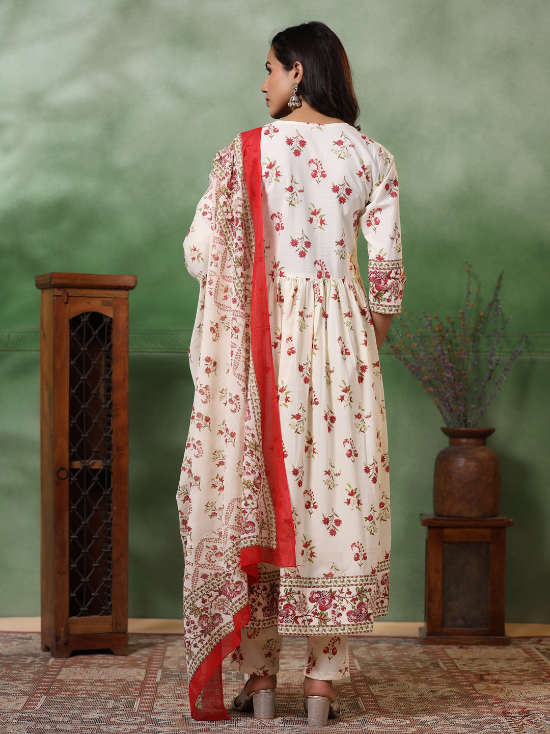 Floral Printed Sequins Embellished Pleated kurta with Pants & Dupatta - Off White