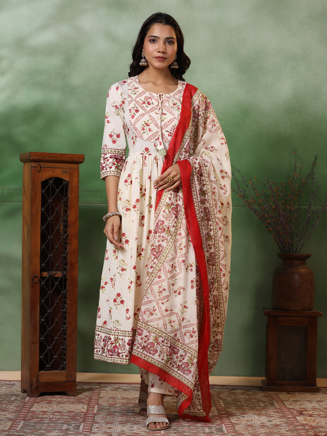 Floral Printed Sequins Embellished Pleated kurta with Pants & Dupatta - Off White