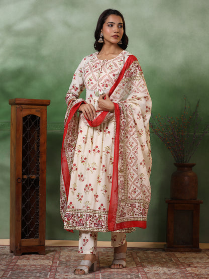 Floral Printed Sequins Embellished Pleated kurta with Pants & Dupatta - Off White