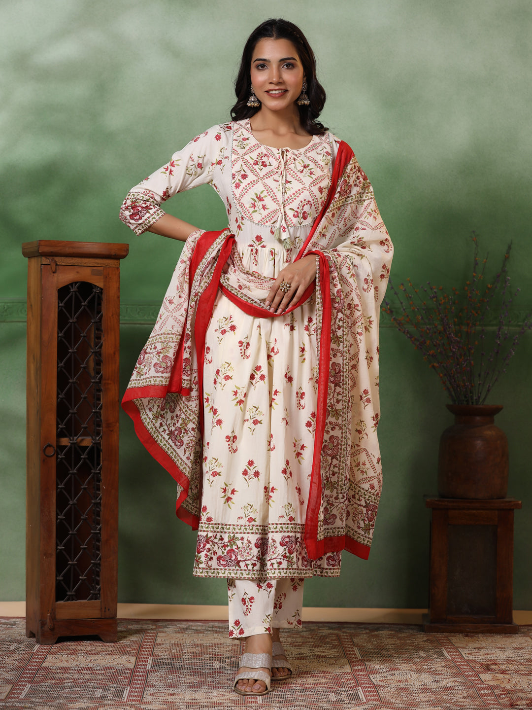 Floral Printed Sequins Embellished Pleated kurta with Pants & Dupatta - Off White