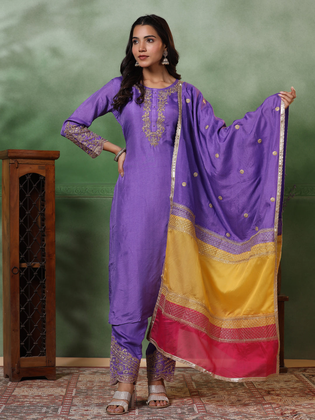 Solid Zari Dori Embroidered Kurta with Pants & Embroidered Patchwork Dupatta - Purple