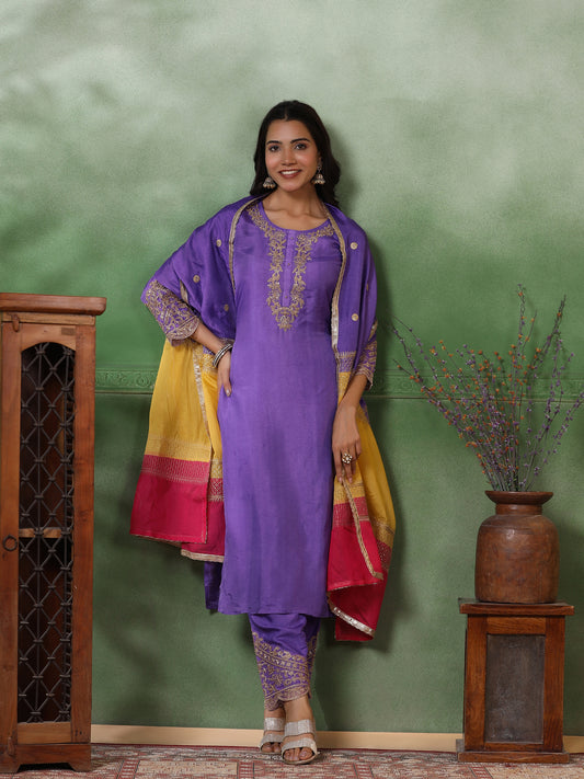 Solid Zari Dori Embroidered Kurta with Pants & Embroidered Patchwork Dupatta - Purple