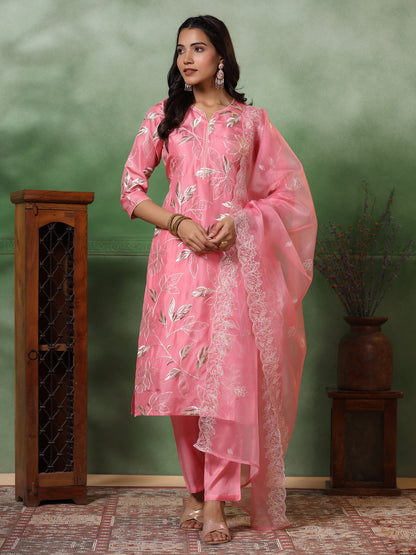 Floral Zari Embroidered Kurta with Pant & Organza Solid Dupatta - Pink