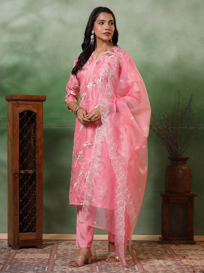 Floral Zari Embroidered Kurta with Pant & Organza Solid Dupatta - Pink