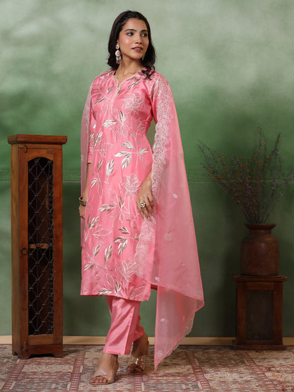 Floral Zari Embroidered Kurta with Pant & Organza Solid Dupatta - Pink