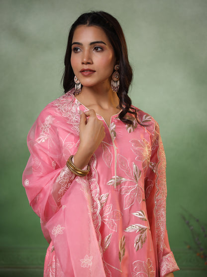 Floral Zari Embroidered Kurta with Pant & Organza Solid Dupatta - Pink