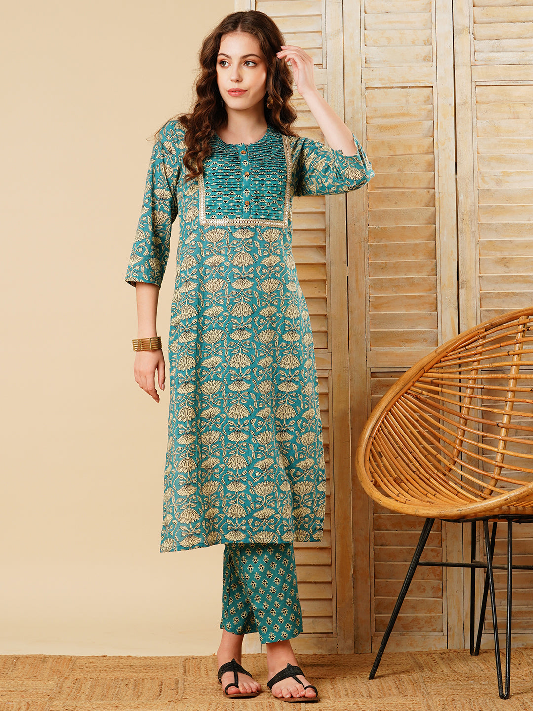 Ethnic Lotus Block Printed Straight Fit Kurta with Pant - Turquoise Blue