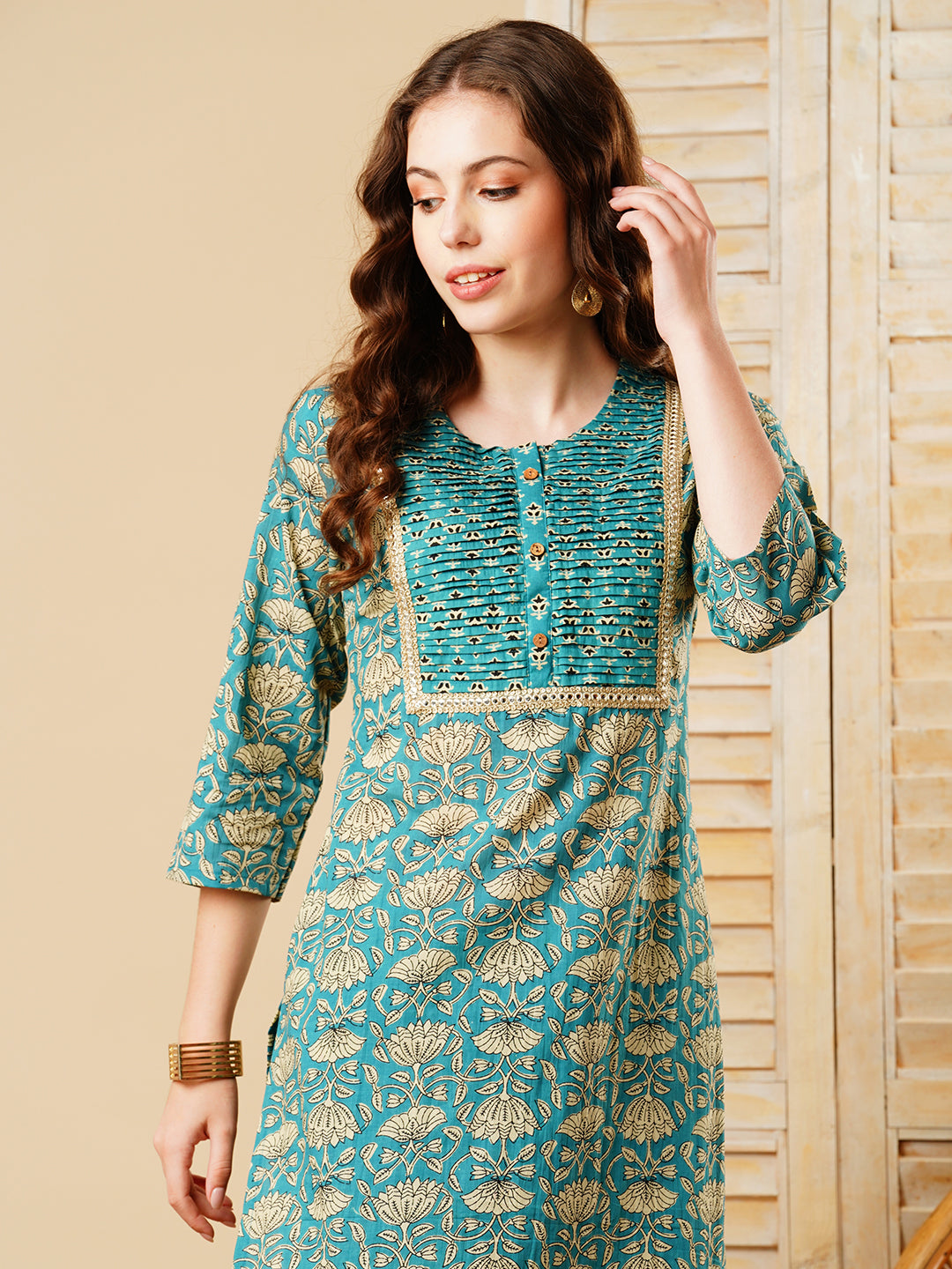 Ethnic Lotus Block Printed Straight Fit Kurta with Pant - Turquoise Blue