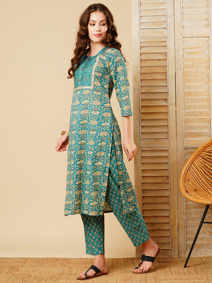 Ethnic Lotus Block Printed Straight Fit Kurta with Pant - Turquoise Blue