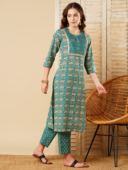 Ethnic Lotus Block Printed Straight Fit Kurta with Pant - Turquoise Blue