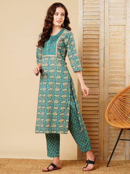 Ethnic Lotus Block Printed Straight Fit Kurta with Pant - Turquoise Blue