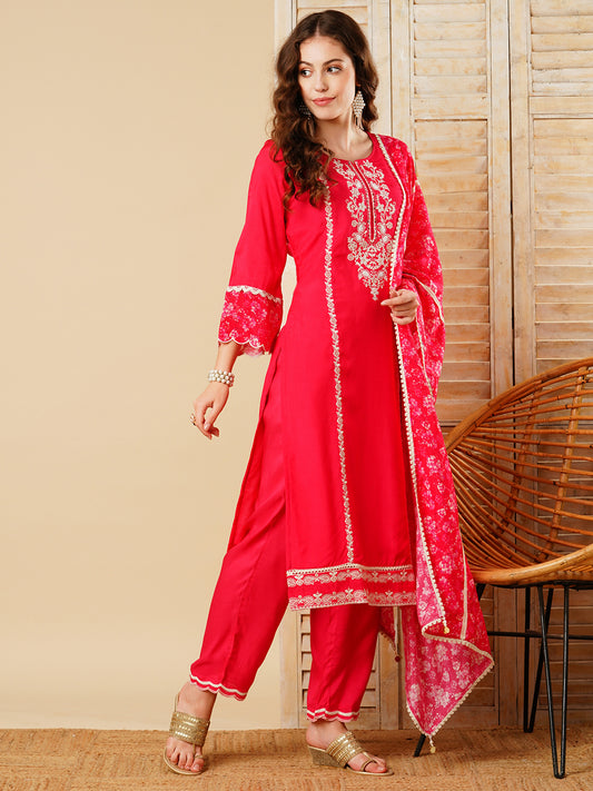 Solid Floral Embroidered Straight Kurta with Pant & Dupatta - Pink