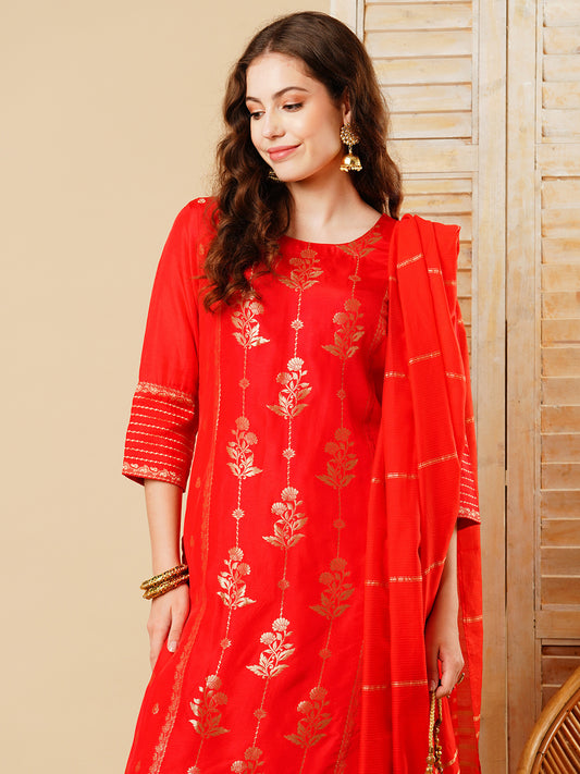 Floral Woven & Embroidered Straight Kurta with Pant & Dupatta - Red