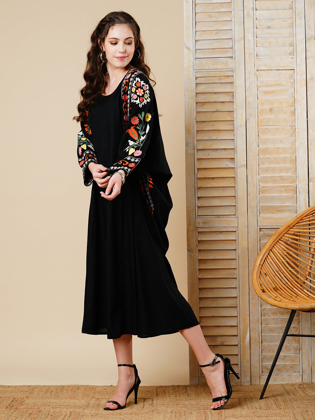 Solid A-Line Midi Dress with Floral Thread Work Embroidered Jacket - Black