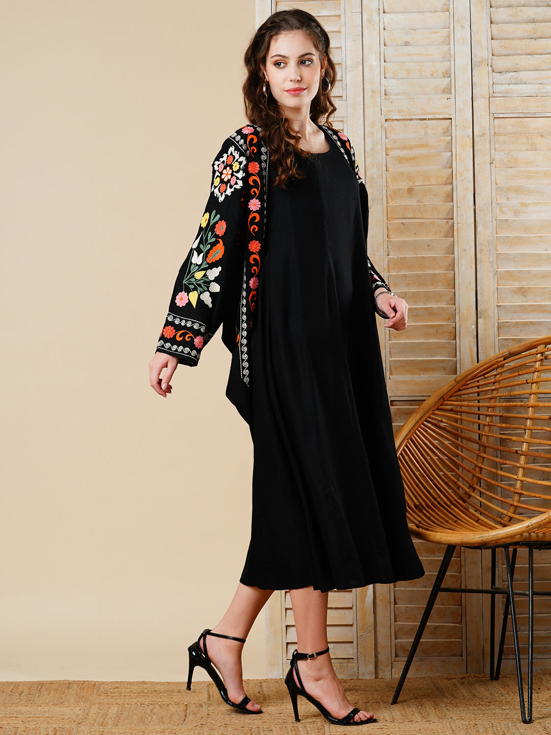 Solid A-Line Midi Dress with Floral Thread Work Embroidered Jacket - Black