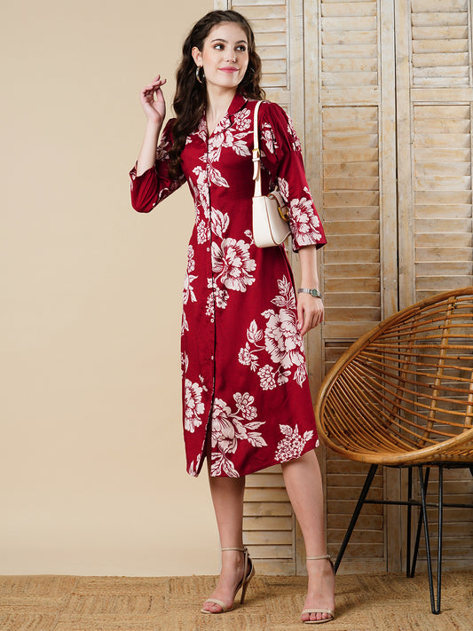 Floral Printed A-Line Midi Dress - Maroon