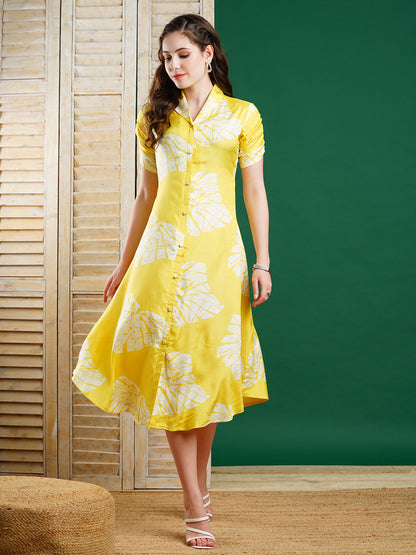 Abstract Geometric Printed A-Line Midi Dress - Yellow