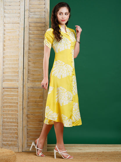 Abstract Geometric Printed A-Line Midi Dress - Yellow