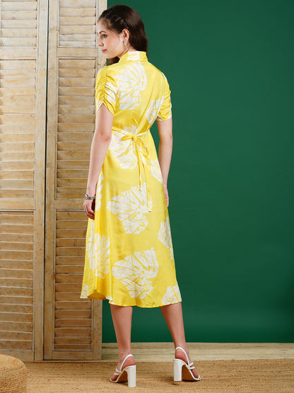 Abstract Geometric Printed A-Line Midi Dress - Yellow