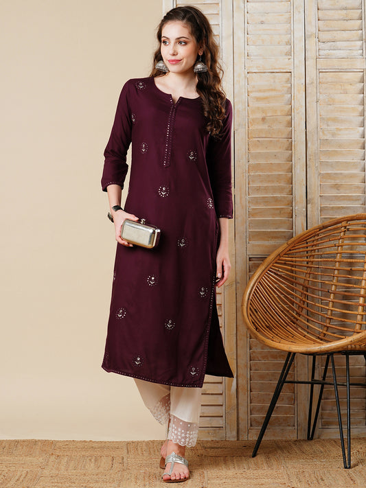 Solid Floral Sequin Embroidered Straight Fit Kurta - Burgundy