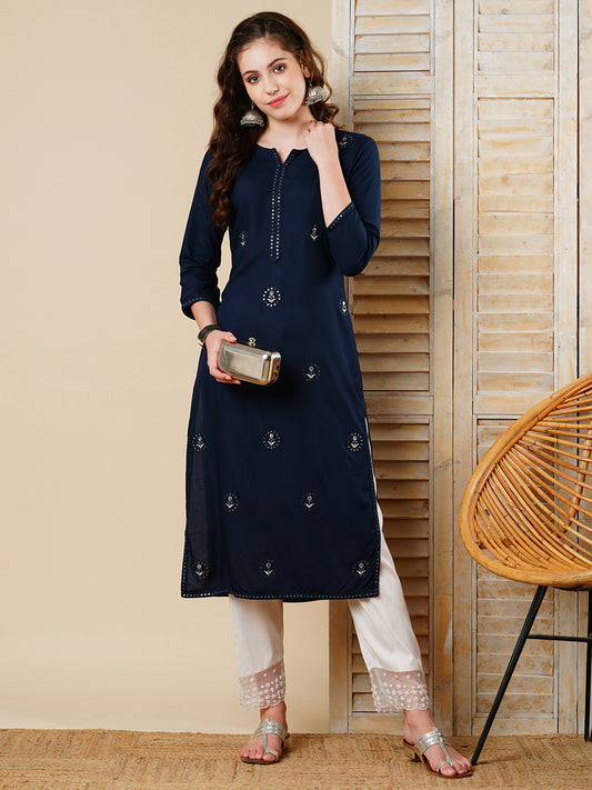 Solid Floral Sequin Embroidered Straight Fit Kurta - Navy Blue